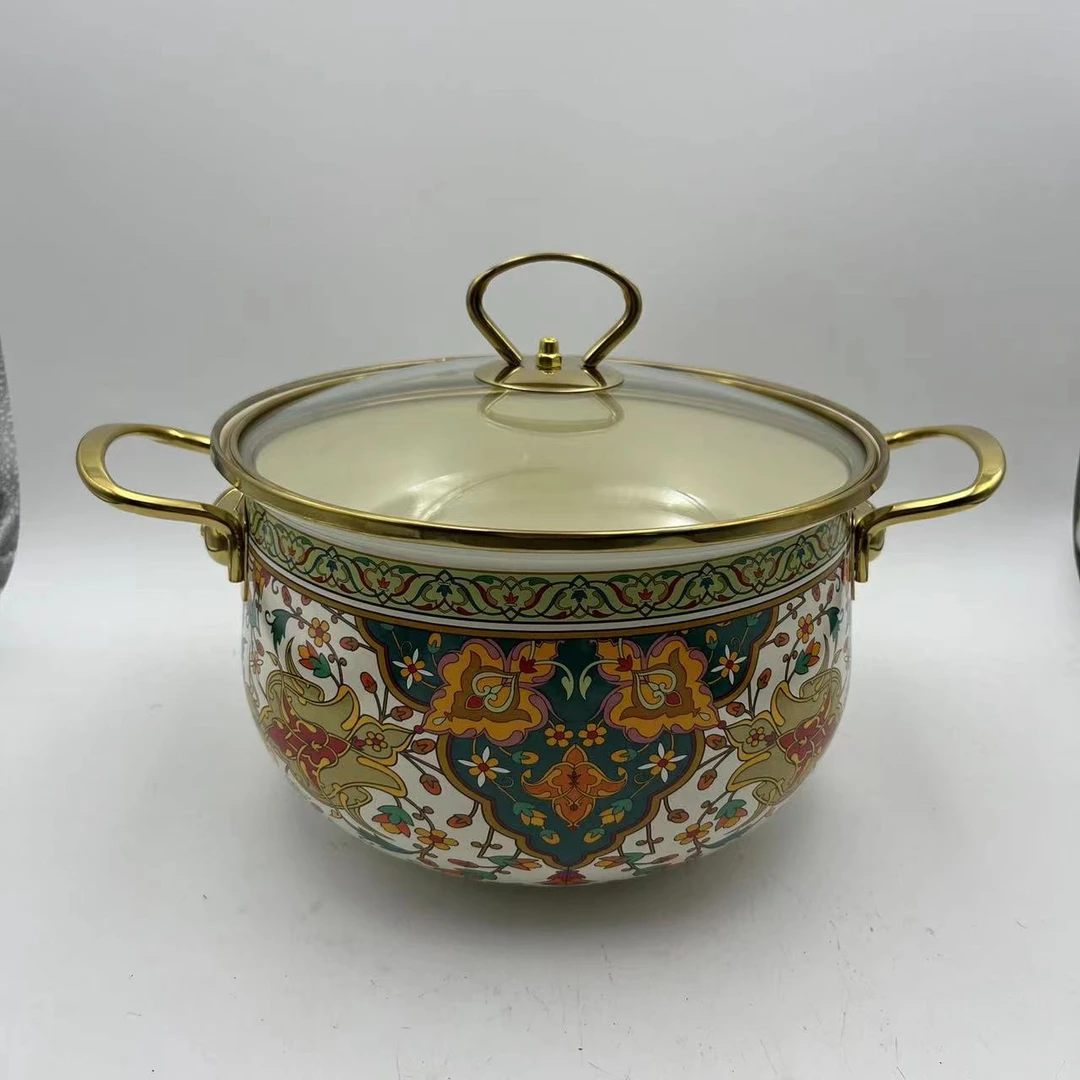 20cm俄罗斯珐琅搪瓷汤锅金边玻璃盖电磁炉明火通用