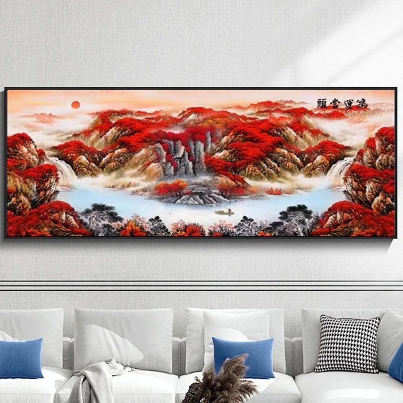 鸿运当头客厅装饰画沙发背景墙横版现代新中式山水画挂画晶瓷画