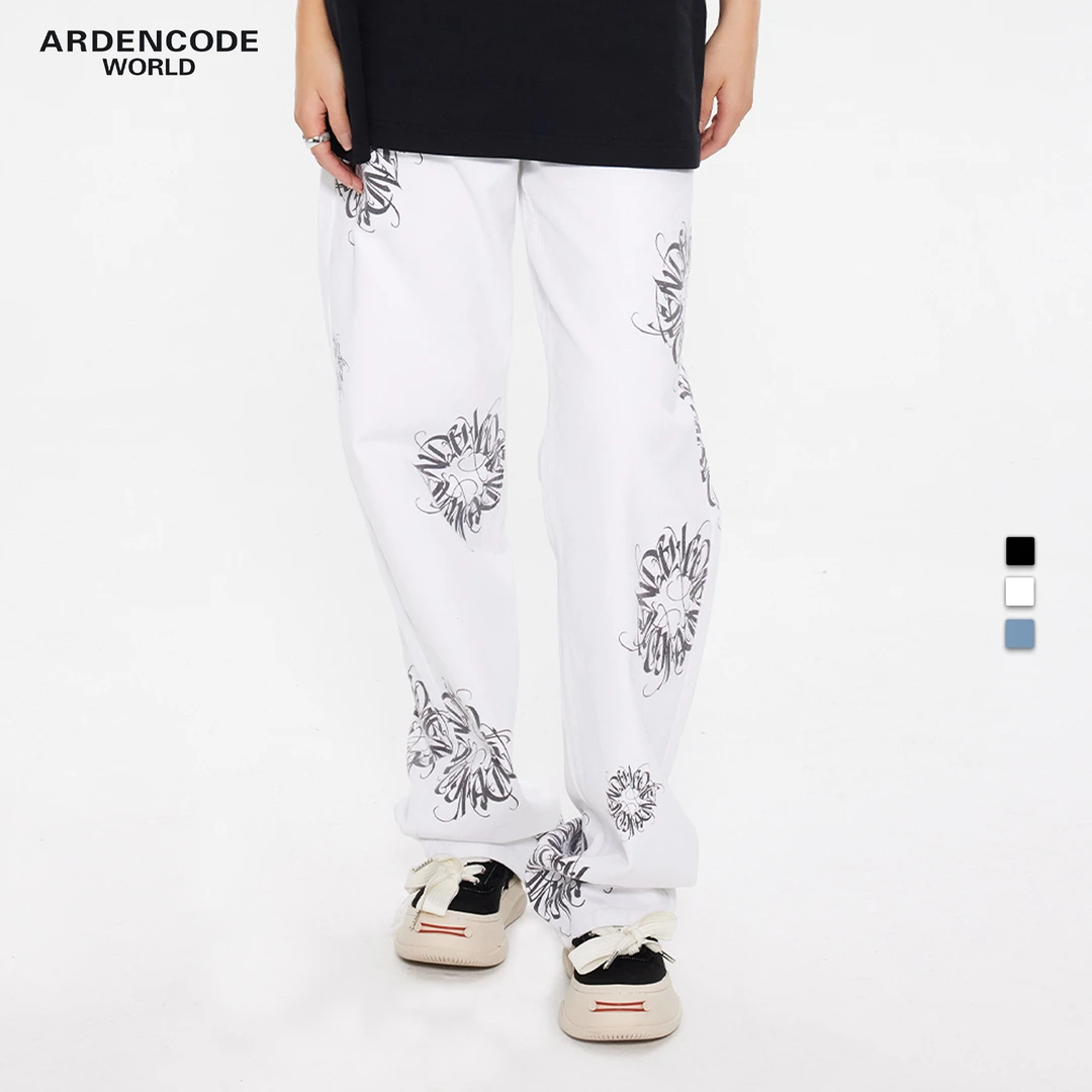 星月丨男女圆环拔染印花中腰直筒纯棉水洗牛仔裤长裤