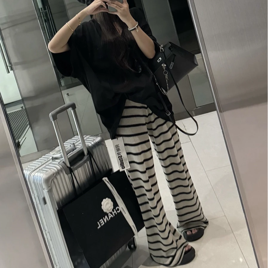 秋冬高级感经典条纹针织显瘦遛弯拖地裤时髦质感百搭显腿长阔腿裤