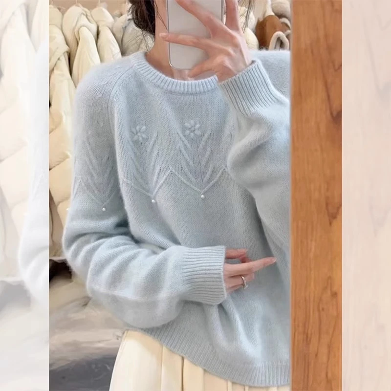 小众高级感蓝色钩花软糯毛衣女秋冬季外穿奶fufu慵懒大衣内搭推荐