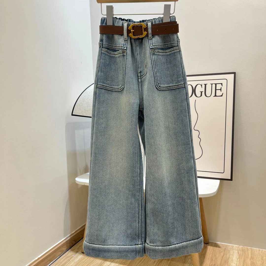 D666秋冬季儿童新款加绒加厚浅色阔腿裤脚牛仔长裤