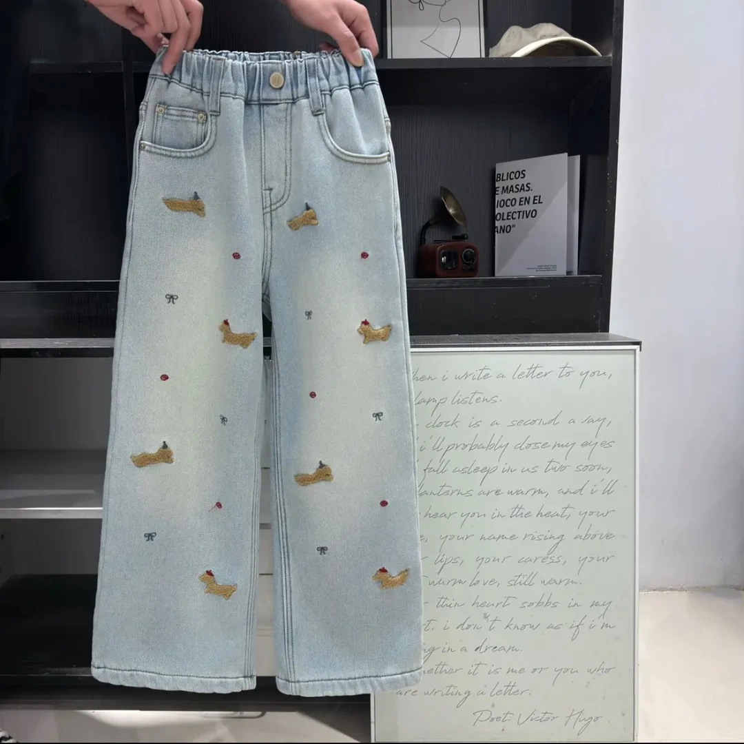 秋冬女童新款腊肠小狗一体绒牛仔裤