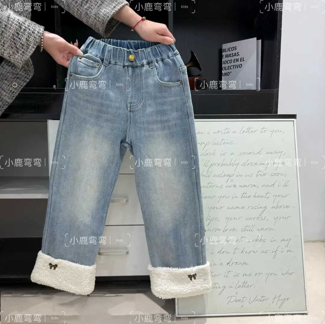 Q540秋冬女童新款脚口羊羔毛牛仔裤