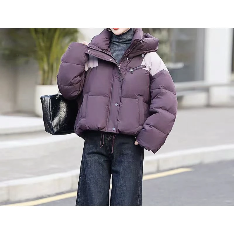 8801-1-DQ紫色拼色连帽加厚短款外套