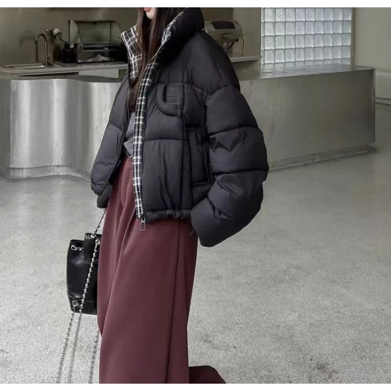 8892-2-DQ黑色拼接格子加厚短外套