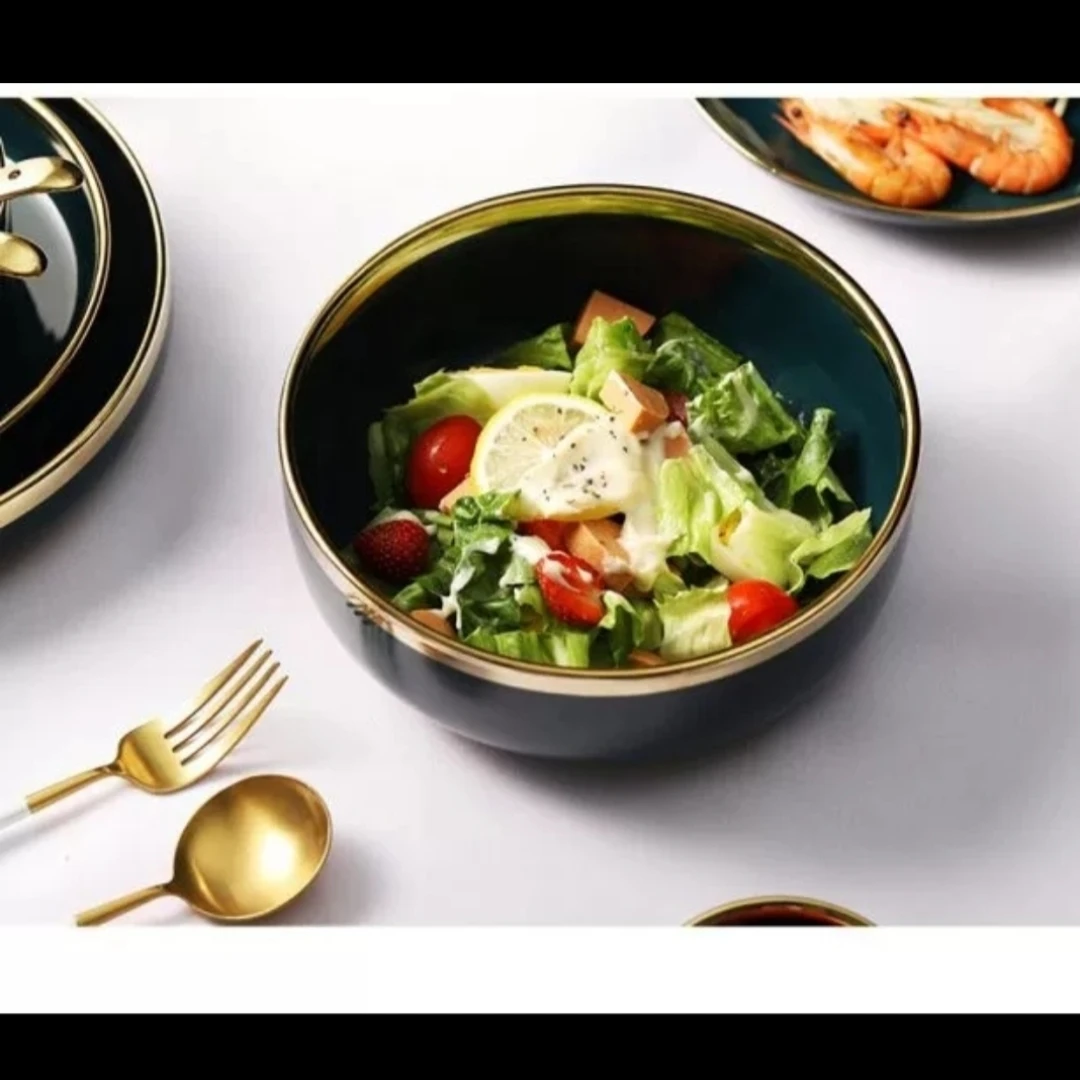 宽金边祖母绿8英寸汤碗一个（20.5厘米左右）陶瓷家用轻奢网红餐具