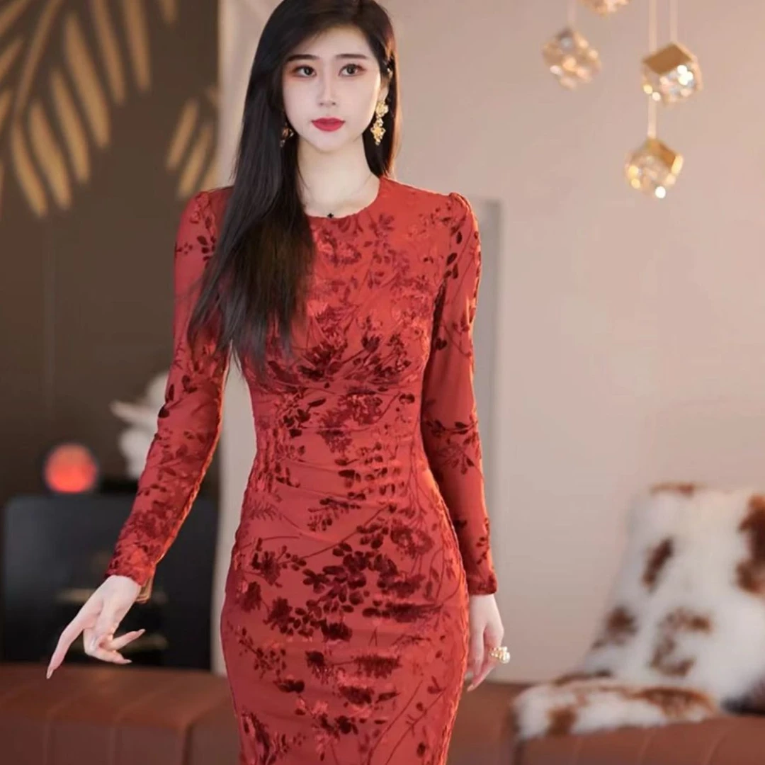 【火火】月夕花晨秋冬新款法式收腰显瘦鱼尾连衣裙-YL11098