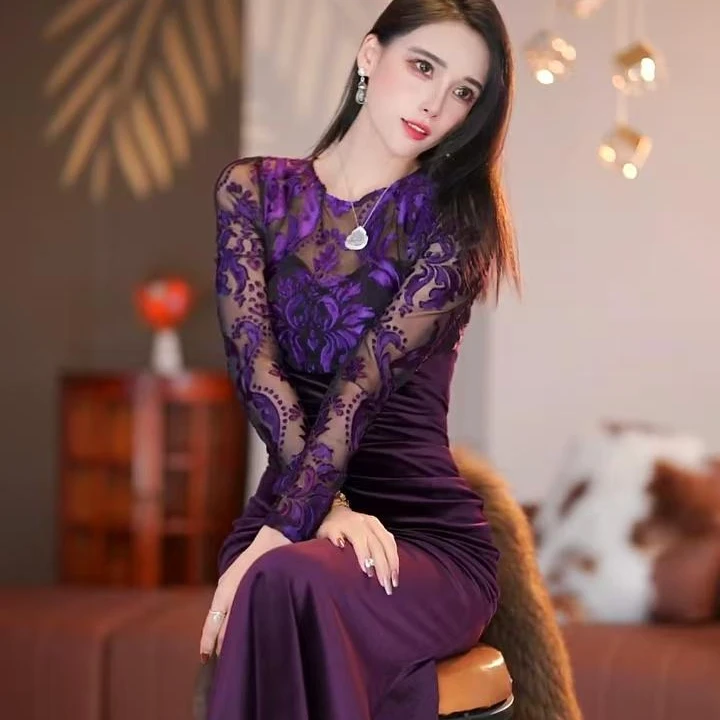 【静铉】紫夜绮缘秋季新款法式气质收腰显瘦鱼尾连衣裙-YL0035