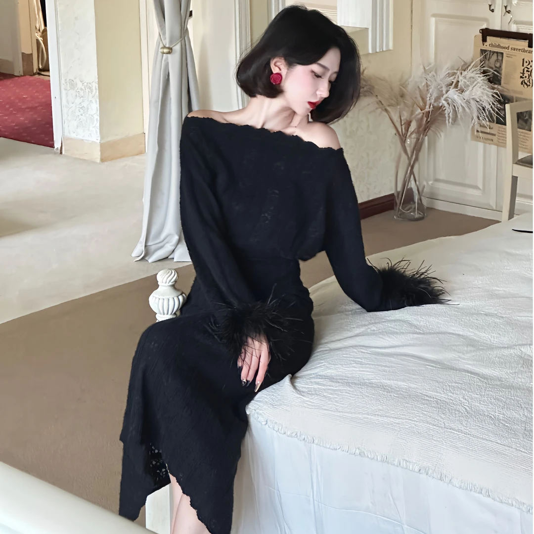 【大晶定制】秋季新款长款气质鸵鸟毛领时尚轻奢收腰连衣裙-DJ10017