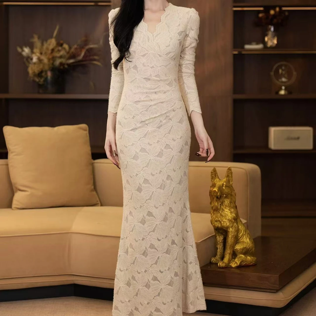 【yola】凝夜紫秋季新款法式气质收腰显瘦鱼尾连衣裙-YL11137