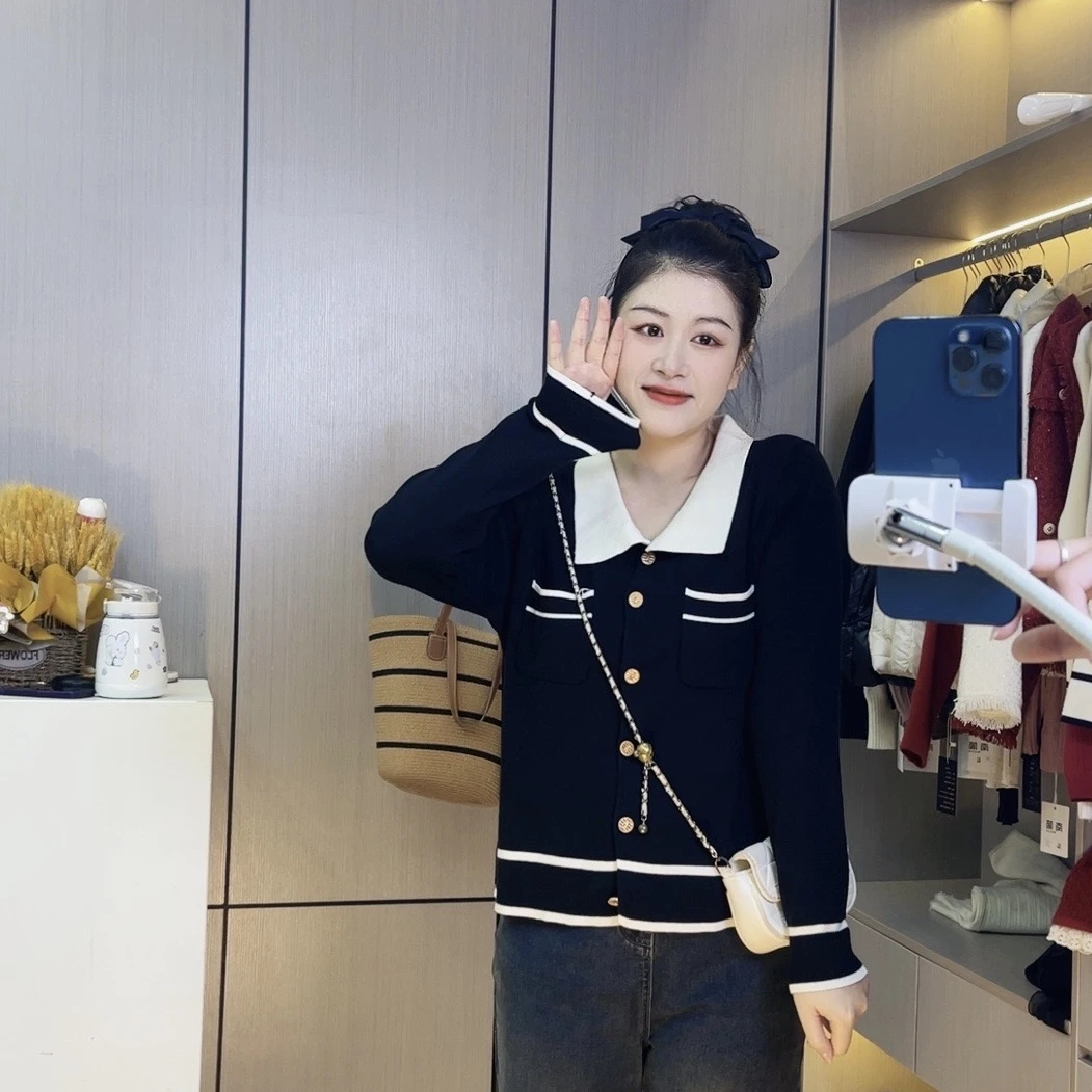 大码女装小香风撞色翻领长袖针织衫秋冬百搭气质遮肉显瘦上衣1200