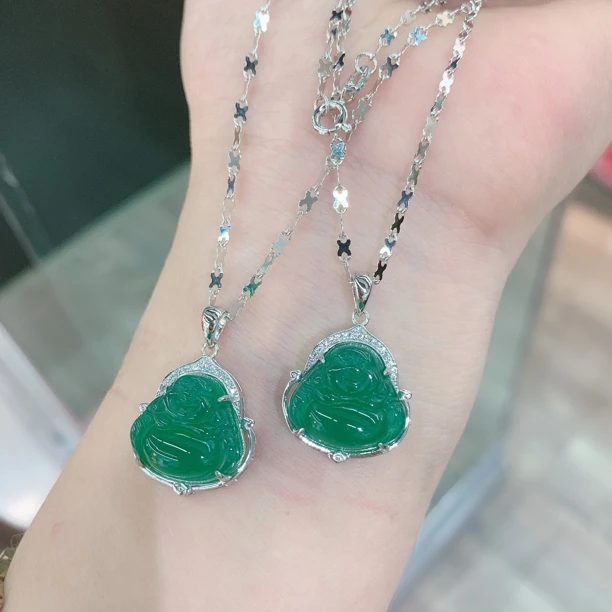 吊坠925银 豪华微镶全包绿小佛吊坠