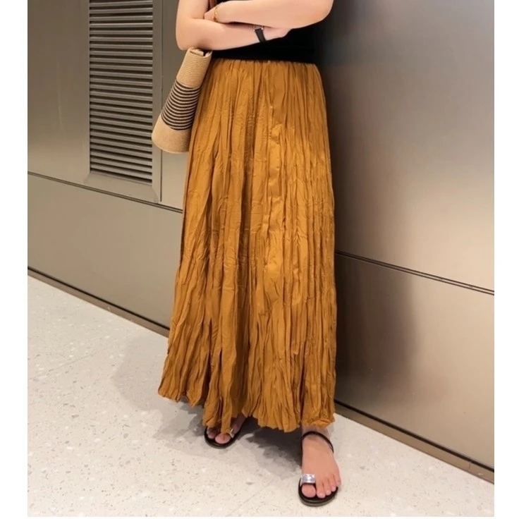 喜许推荐 高腰半身裙女大摆A字褶皱纯色中长款宽松减龄显瘦裙子