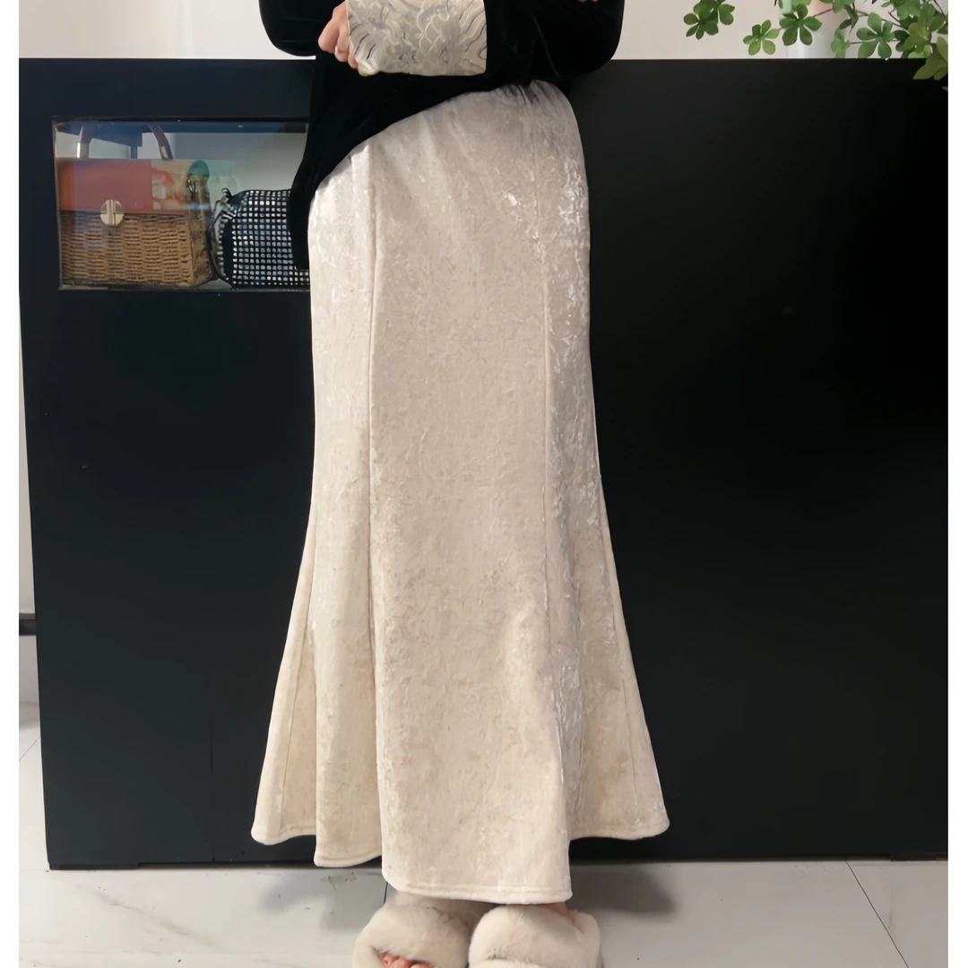 加绒加厚2024秋冬高腰修身包臀鱼尾裙气质垂感褶皱显瘦国风半身裙