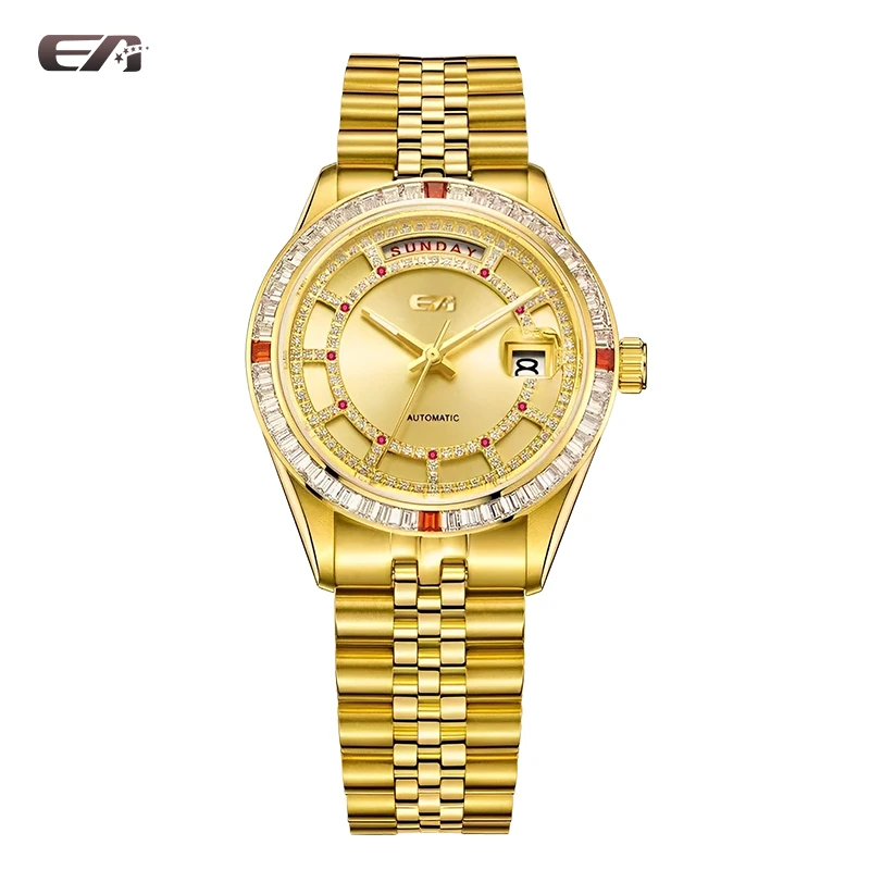 EA永恒系列金表天然红宝石全自动机械机芯双历钢带商务男士腕表