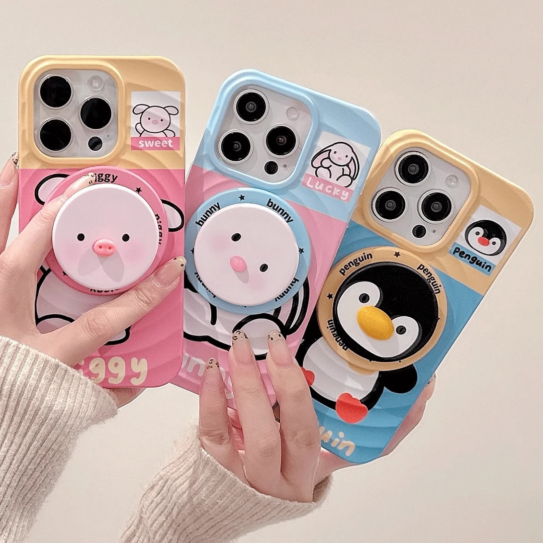 波漾壳小猪企鹅支架适用苹果16Pro手机壳iPhone13/15Promax磁吸壳