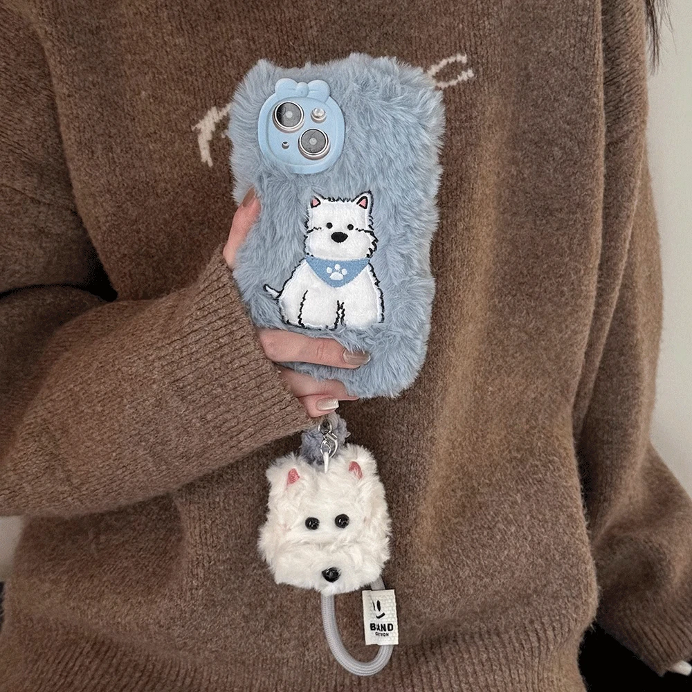 秋冬毛绒刺绣西高地适用iPhone17Pro手机壳苹果15/16Promax新款13