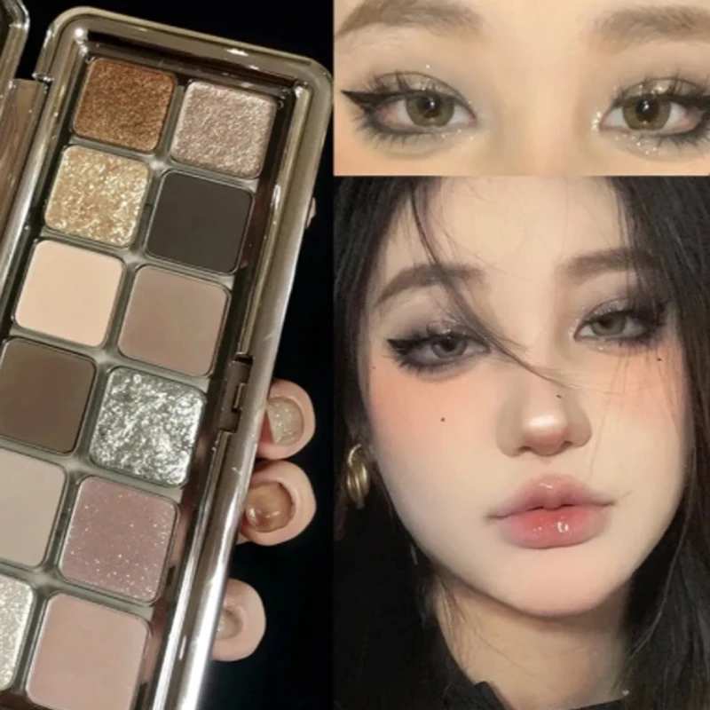 碎钻烟熏眼影盘女多功能新品12色ins超火珠光爆闪提亮大地冷茶棕