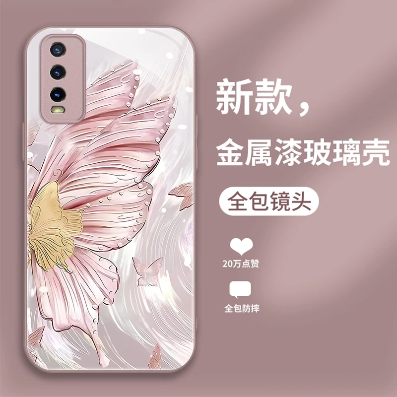 适用VIVOY30手机壳新款时尚高级感时尚潮创意防摔羽蝶玻璃保护套