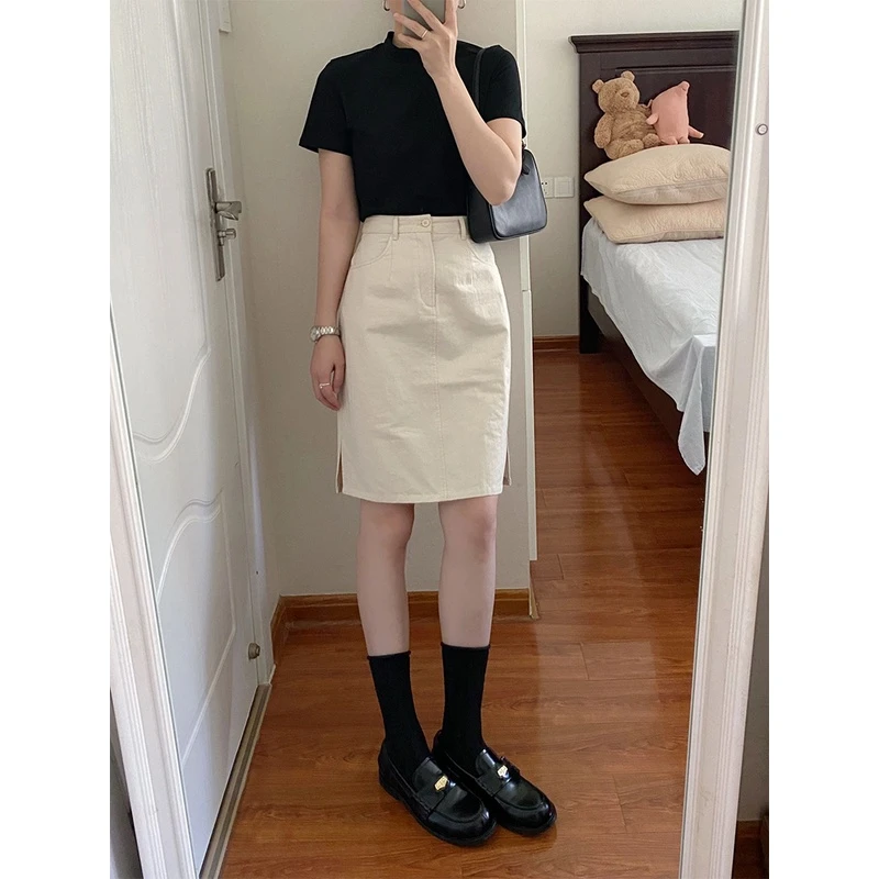 白色高腰a字半身裙女夏季收腰显瘦小个子包臀短裙职业工装中裙子