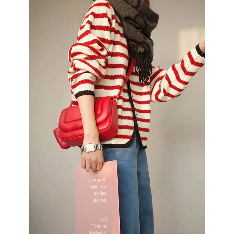 撞色条纹法式洋气设计感小众针织毛衣外搭开衫秋季女外套上衣宽松