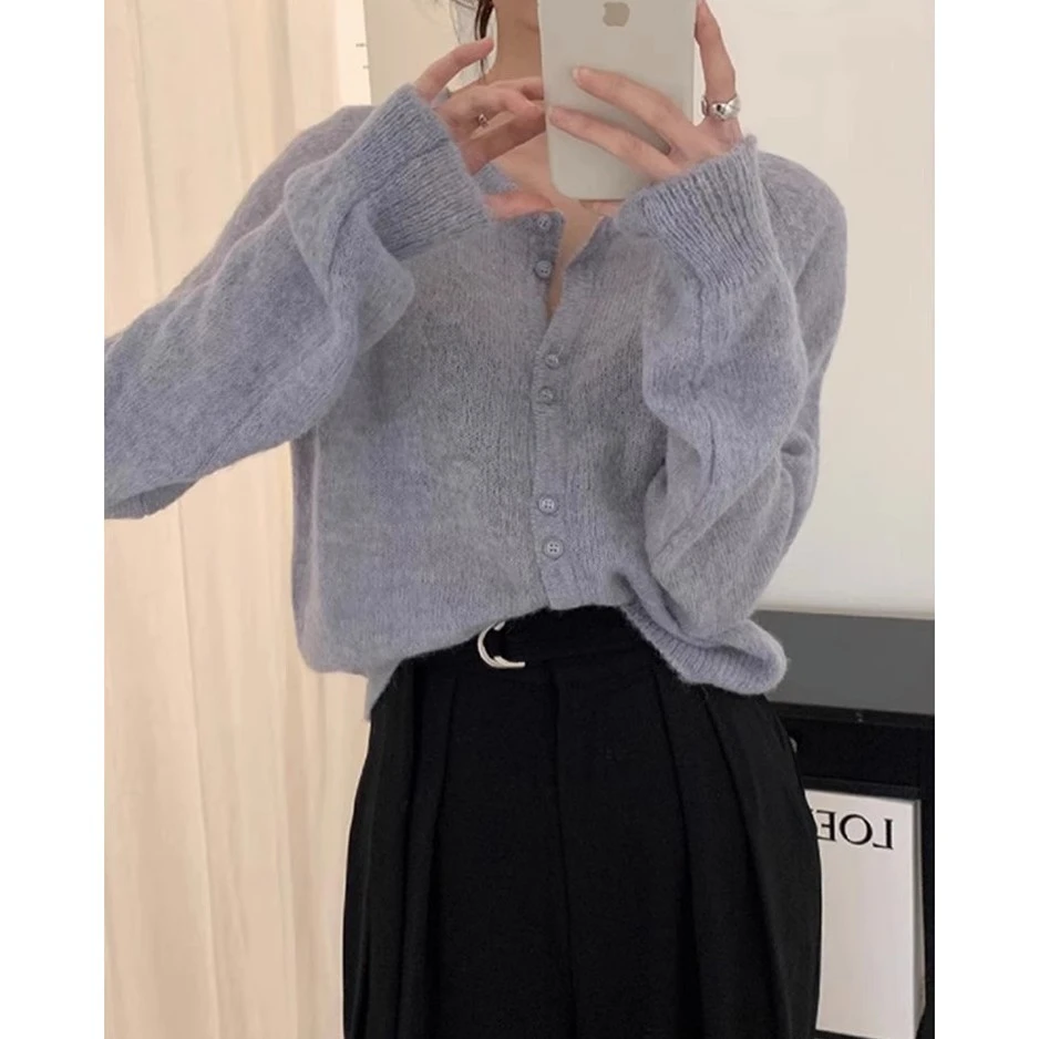 早秋法式蓝色长袖针织开衫女春秋薄款百搭毛衣外套内搭打底衫上衣