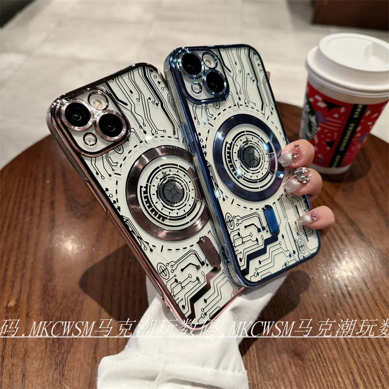 3D线路纹磁吸iPhone15promax手机壳14苹果13透明12防摔11高级感软