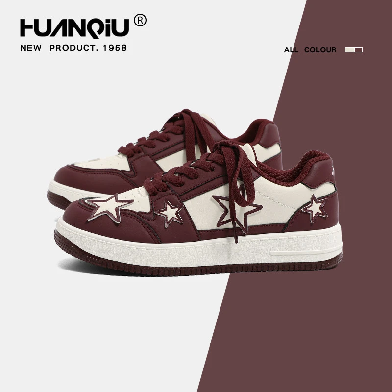 环球酒红星星板鞋女2024秋季新款潮流小众设计韩版休闲百搭小白鞋