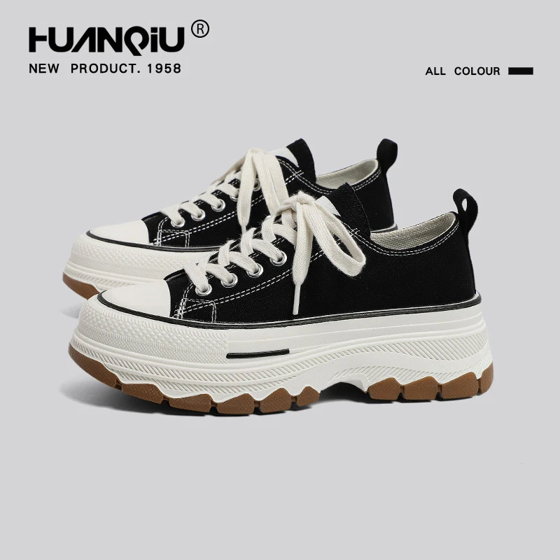 环球厚底帆布鞋2024新款秋季透气增高鞋子女百搭黑色松糕休闲板鞋