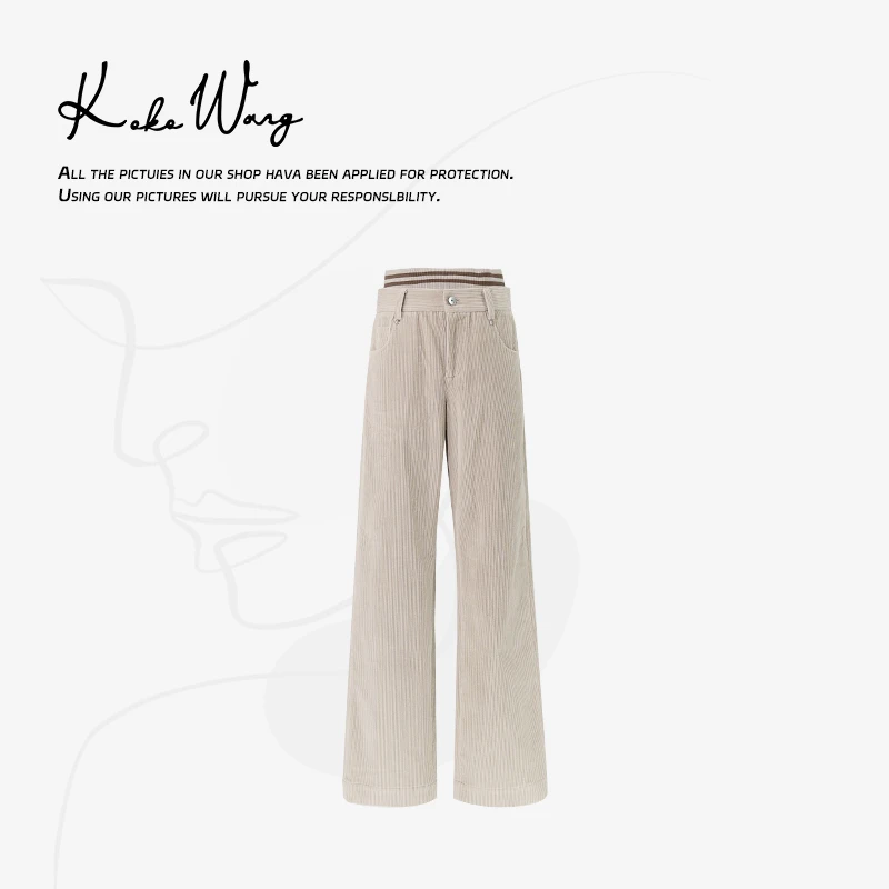 KOKO WANG“潮流都市”时尚坑条撞色细闪腰头高腰显瘦休闲裤3113032
