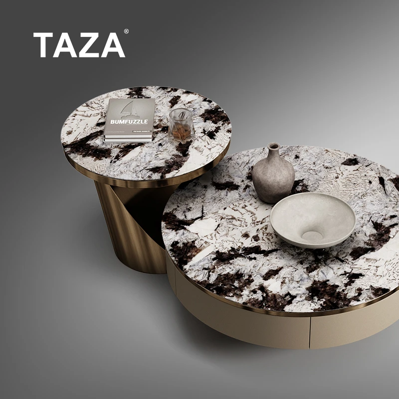 TAZA天然大理石茶几轻奢圆形茶几大户型家用意式极简茶几 H963