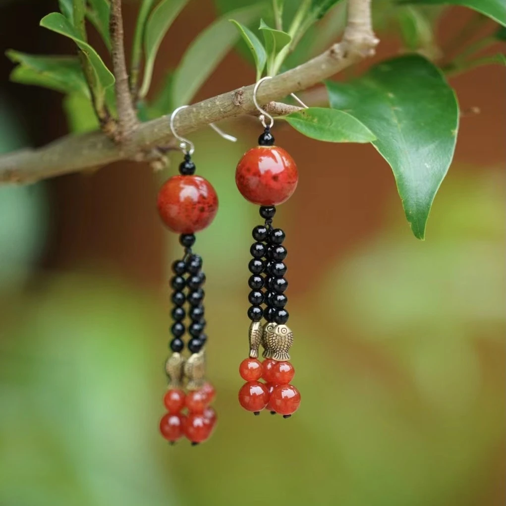 非金属玻璃耳饰 游尘衣物/红陶瓷坠耳环