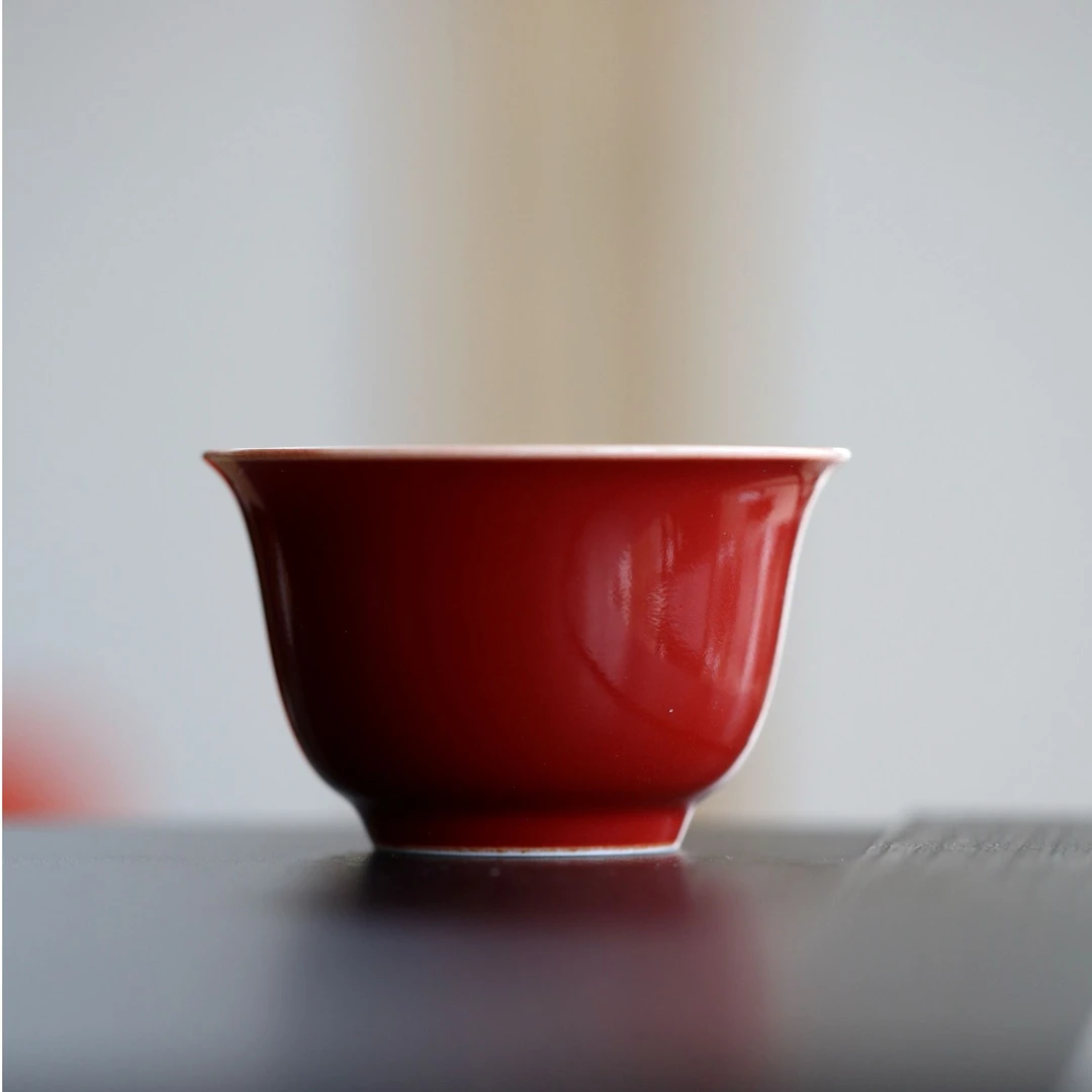 景德镇珏窑霁红釉压手杯撇口杯家用复古主人杯功夫茶具品茗杯茶杯