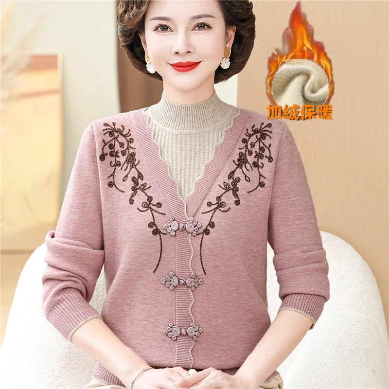 中年妈妈秋冬装加绒加厚毛衣一体绒内搭洋气女秋冬假两件打底衫