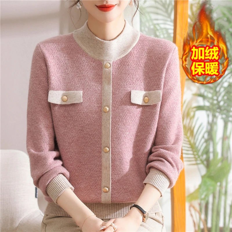 妈妈秋冬装2024新款小香风加绒加厚毛衣中老年女一体绒气质打底衫