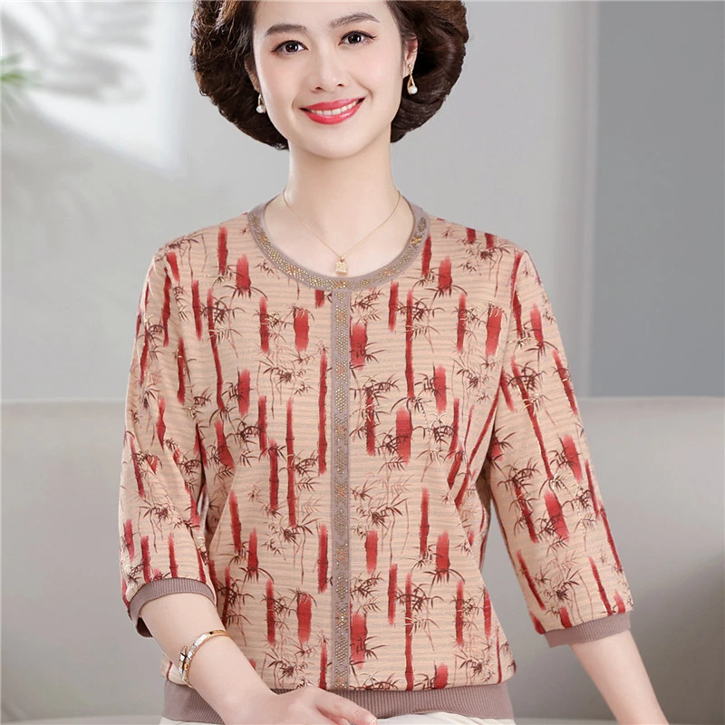 母亲节妈妈夏装冰丝七分袖t恤小衫中年女装洋气中袖上衣老年汗衫