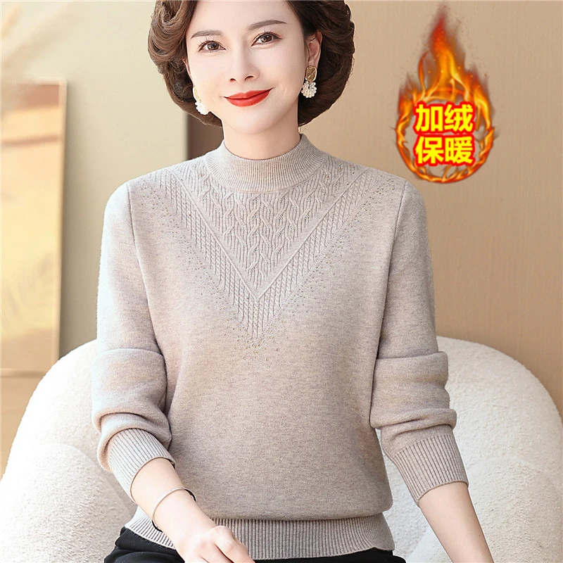 中老年女冬装加绒加厚毛衣妈妈秋冬水貂绒打底衫一体绒保暖上衣服
