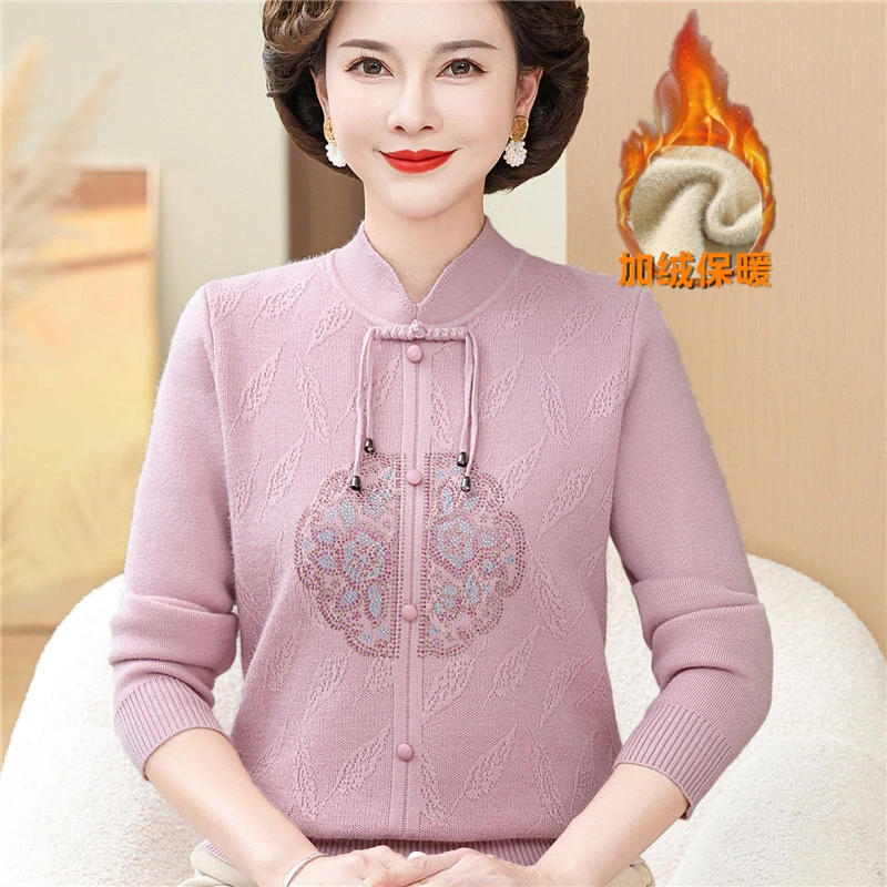 新款妈妈冬装国风加绒毛衣中老年女秋冬一体绒保暖打底衫加厚上衣