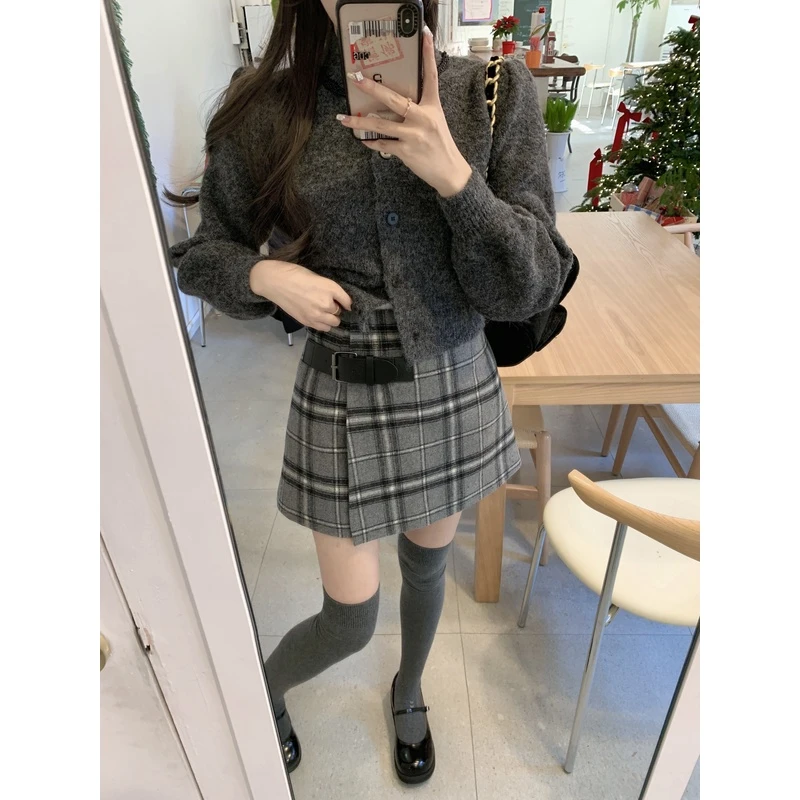 萌萌Ja」 灰色毛呢a字半身裙女复古显瘦高腰包臀裙格纹短裙a字裙