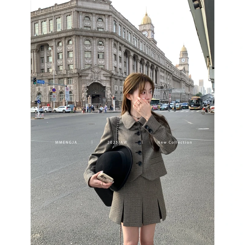 【MMENGJA】 CE千鸟格套装英伦风复古格纹百褶裙套装女