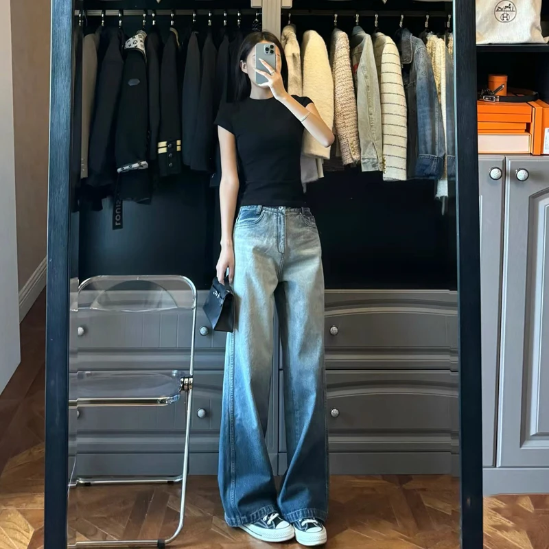 美式渐变蓝色牛仔裤女早秋宽松复古显瘦直筒百搭高街水洗拖地裤子