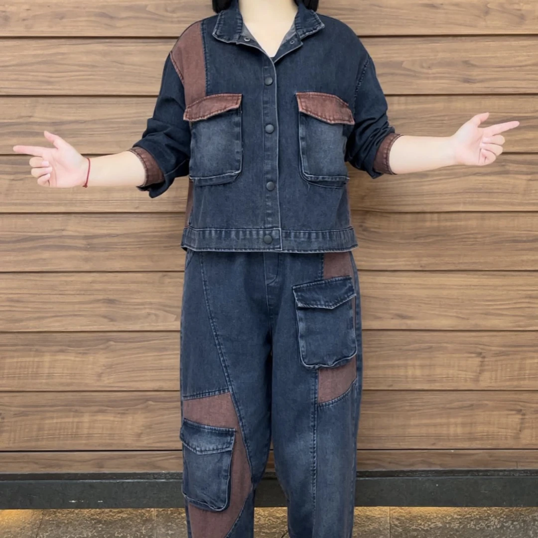 网红正品2024年秋季多兜欧货复古水洗牛仔套装时尚洋气减龄开衫女