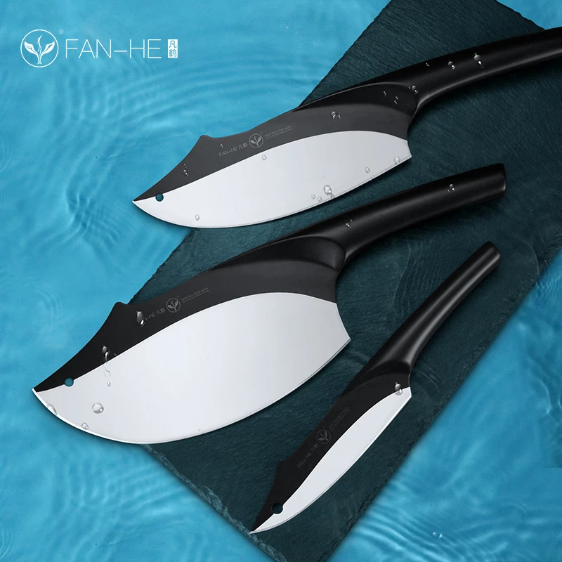 凡鹤【三套装】切片刀斩切刀水果刀马氏体不锈钢锋利无比鲨鱼刀套装