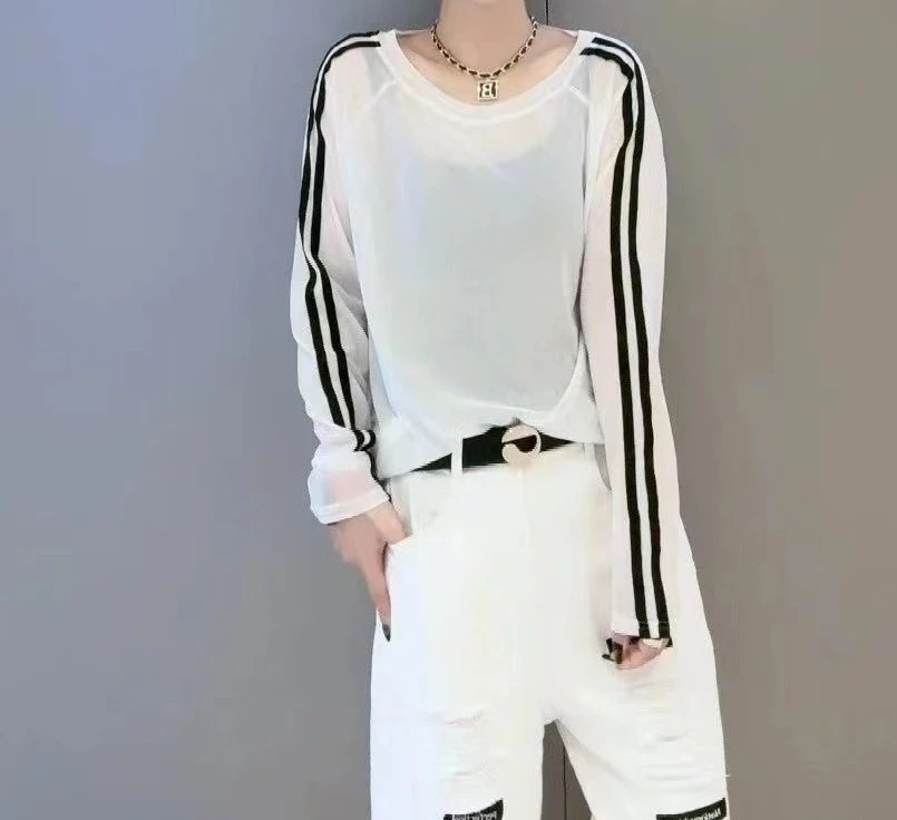 欧货2024夏新款两条杠长袖防晒打底衫女时尚百搭圆领T恤