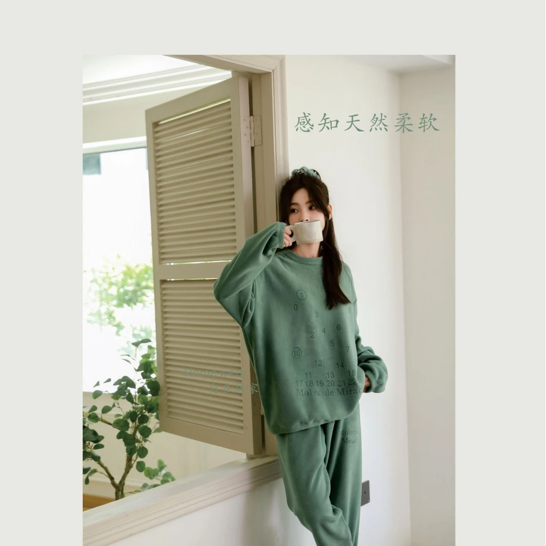 【朵拉菲儿】967密码数字暖绒家居服睡衣套装均码秋冬保暖休闲