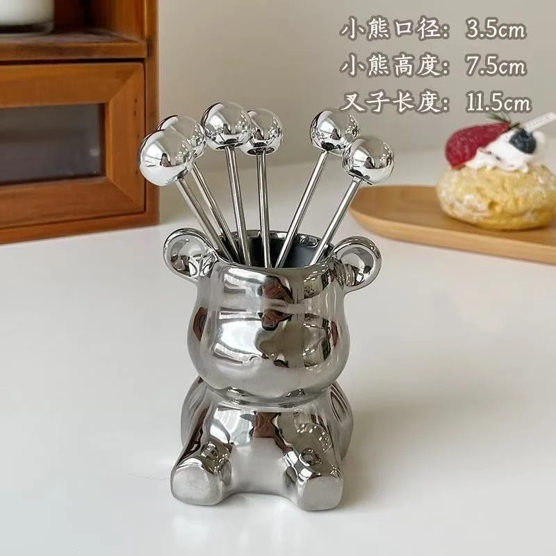 镜面小熊水果餐具不锈钢可爱创意收纳家用刀叉水果盘叉子小熊高级