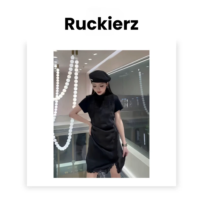 Ruckierz设计师复古轻奢新款刺绣拼接蕾丝边法式连衣裙#3532