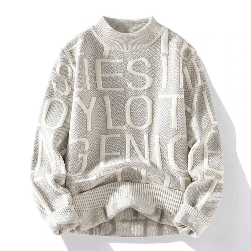 2023秋冬新款立体英文字母男士套头毛衣半高领休闲针织衫毛衣男