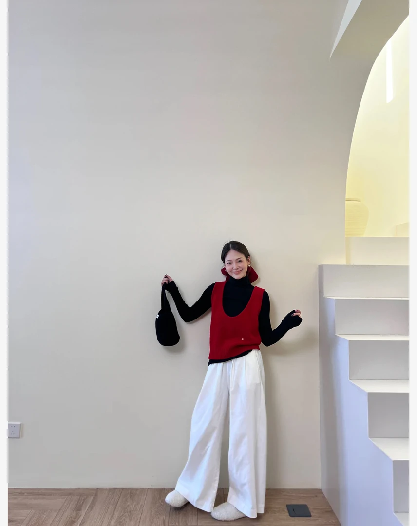 韩系红色背心针织衫叠穿黑色长袖内搭女2024秋季新款宽松裤子套装